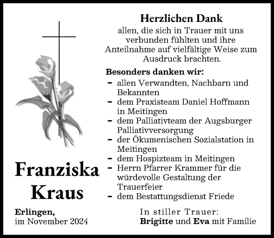 Traueranzeige von Franziska Kraus von Wertinger Zeitung, Augsburg-Land