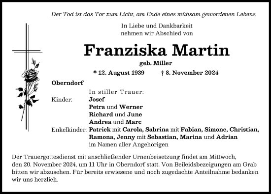 Traueranzeige von Franziska Martin von Donauwörther Zeitung