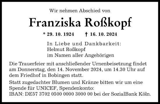 Traueranzeige von Franziska Roßkopf von Augsburger Allgemeine
