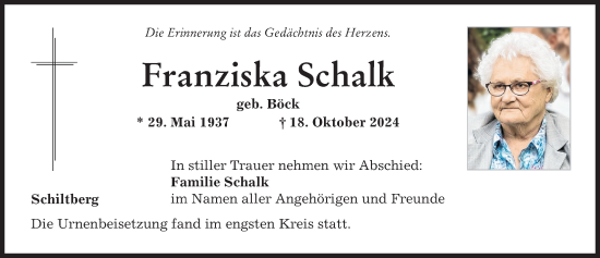 Traueranzeige von Franziska Schalk von Aichacher Nachrichten