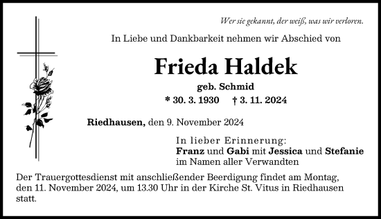 Traueranzeige von Frieda Haldek von Günzburger Zeitung