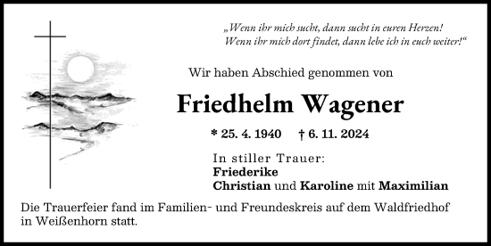 Traueranzeige von Friedhelm Wagener von Neu-Ulmer Zeitung