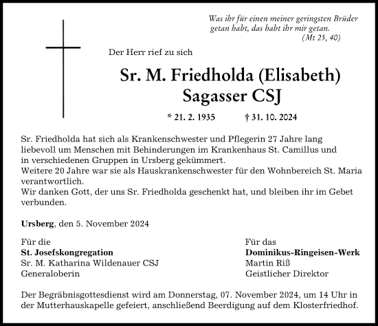 Traueranzeige von Friedholda Sagasser von Mittelschwäbische Nachrichten