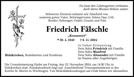 Traueranzeige von Friedrich Fälschle von Rieser Nachrichten, Donauwörther Zeitung