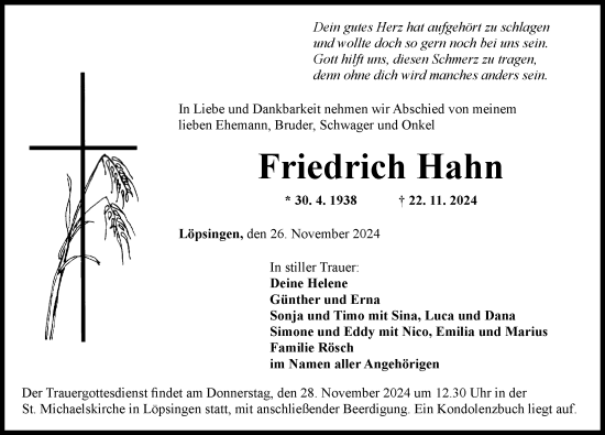 Traueranzeige von Friedrich Hahn von Rieser Nachrichten