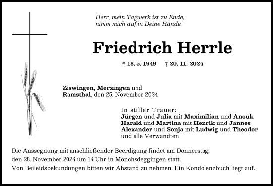 Traueranzeige von Friedrich Herrle von Rieser Nachrichten