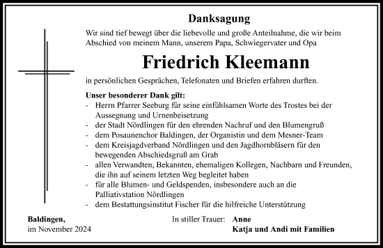 Traueranzeige von Friedrich Kleemann von Rieser Nachrichten