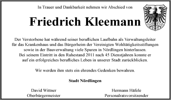 Traueranzeige von Friedrich Kleemann von Rieser Nachrichten