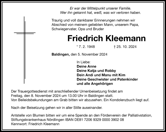 Traueranzeige von Friedrich Kleemann von Rieser Nachrichten