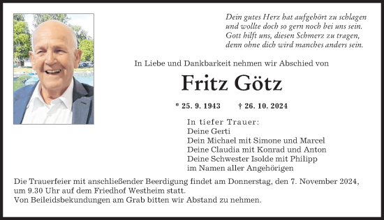 Traueranzeige von Fritz Götz von Augsburger Allgemeine