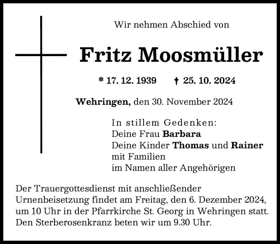 Traueranzeige von Fritz Moosmüller von Schwabmünchner Allgemeine