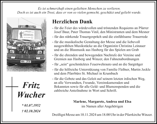 Traueranzeige von Fritz Wucher von Mittelschwäbische Nachrichten, Mindelheimer Zeitung