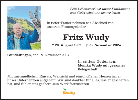 Traueranzeige von Fritz Wudy von Donau Zeitung