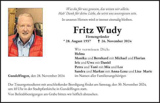 Traueranzeige von Fritz Wudy von Donau Zeitung