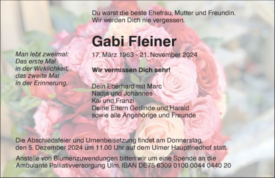 Traueranzeige von Gabi Fleiner von Neu-Ulmer Zeitung