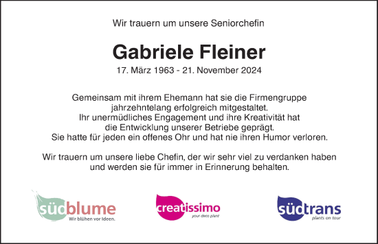 Traueranzeige von Gabriele Fleiner von Neu-Ulmer Zeitung