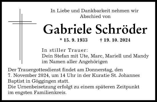 Traueranzeige von Gabriele Schröder von Augsburger Allgemeine