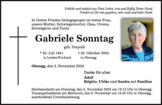 Traueranzeige von Gabriele Sonntag von Mindelheimer Zeitung