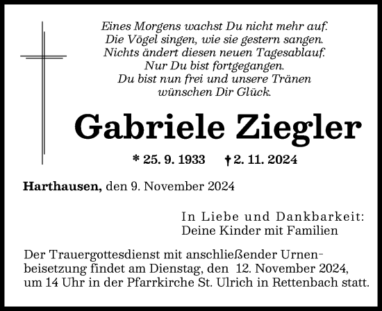 Traueranzeige von Gabriele Ziegler von Günzburger Zeitung
