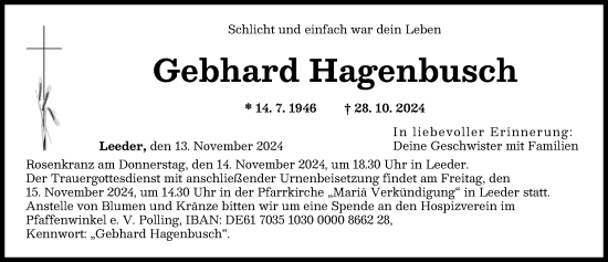 Traueranzeige von Gebhard Hagenbusch von Landsberger Tagblatt