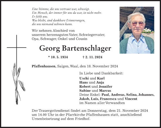 Traueranzeige von Georg Bartenschlager von Mindelheimer Zeitung