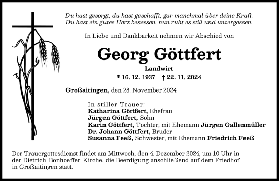 Traueranzeige von Georg Göttfert von Schwabmünchner Allgemeine
