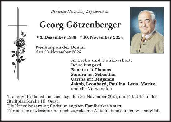 Traueranzeige von Georg Götzenberger von Neuburger Rundschau