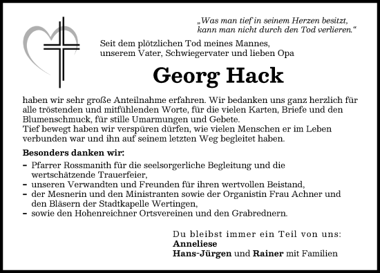 Traueranzeige von Georg Hack von Wertinger Zeitung