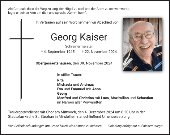 Traueranzeige von Georg Kaiser von Mindelheimer Zeitung