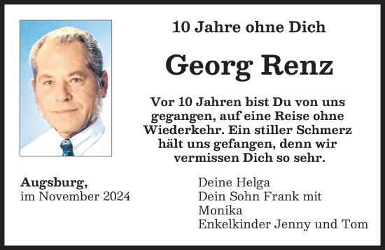Traueranzeige von Georg Renz von Augsburger Allgemeine