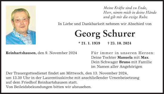 Traueranzeige von Georg Schurer von Schwabmünchner Allgemeine