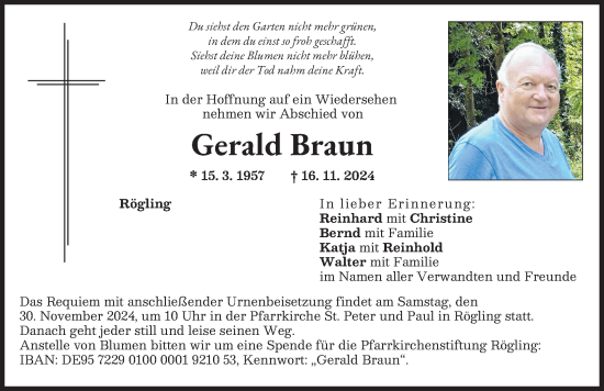 Traueranzeige von Gerald Braun von Donauwörther Zeitung