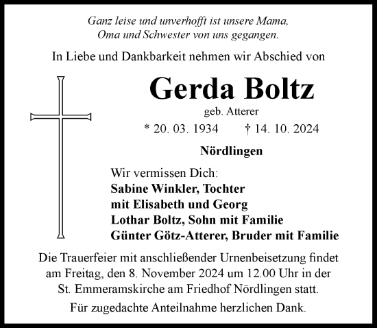 Traueranzeige von Gerda Boltz von Rieser Nachrichten