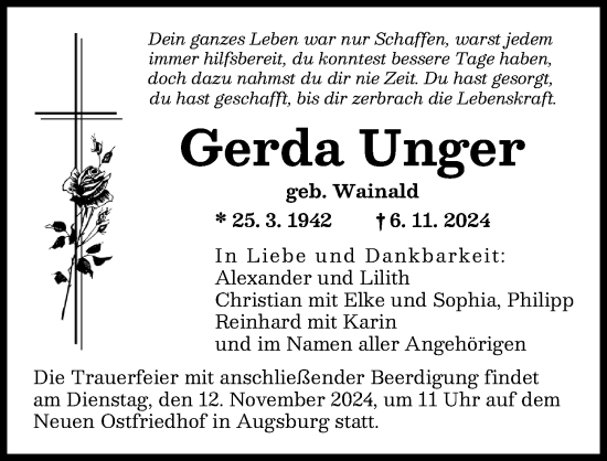 Traueranzeige von Gerda Unger von Augsburger Allgemeine