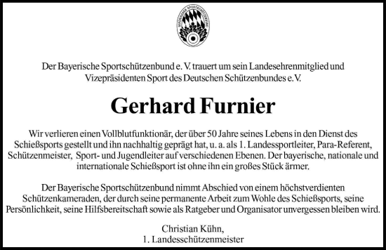 Traueranzeige von Gerhard Furnier von Augsburger Allgemeine