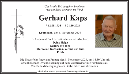 Traueranzeige von Gerhard Kaps von Mittelschwäbische Nachrichten