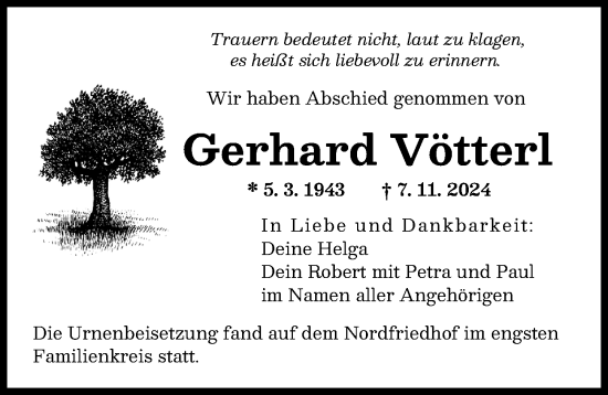 Traueranzeige von Gerhard Vötterl von Augsburger Allgemeine