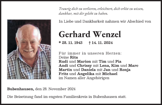 Traueranzeige von Gerhard Wenzel von Neu-Ulmer Zeitung