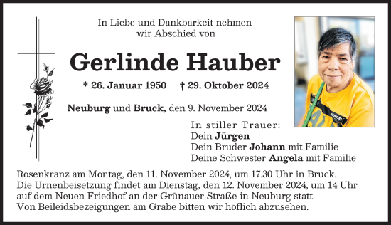 Traueranzeige von Gerlinde Hauber von Neuburger Rundschau