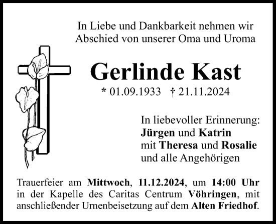 Traueranzeige von Gerlinde Kast von Illertisser Zeitung