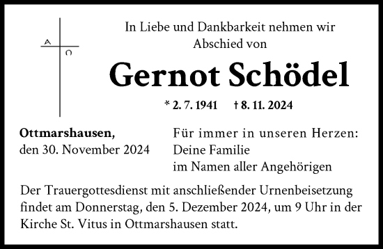Traueranzeige von Gernot Schödel von Augsburger Allgemeine