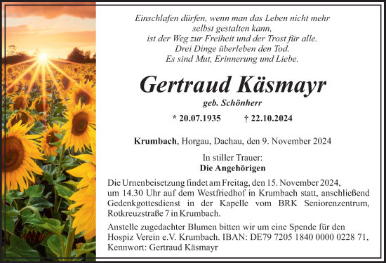 Traueranzeige von Gertraud Käsmayr von Mittelschwäbische Nachrichten