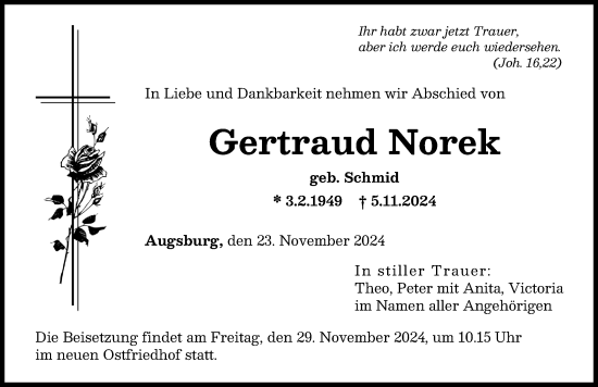 Traueranzeige von Gertraud Norek von Augsburger Allgemeine