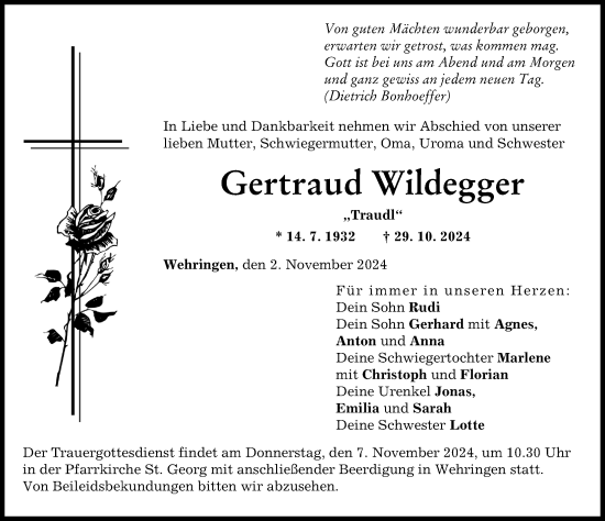 Traueranzeige von Gertraud Wildegger von Schwabmünchner Allgemeine