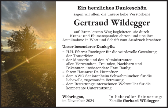 Traueranzeige von Gertraud Wildegger von Schwabmünchner Allgemeine