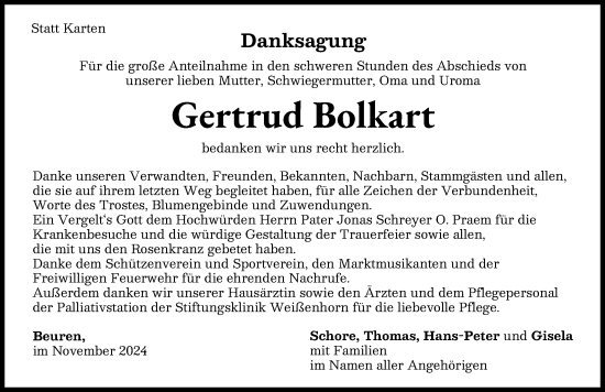 Traueranzeige von Gertrud Bolkart von Neu-Ulmer Zeitung