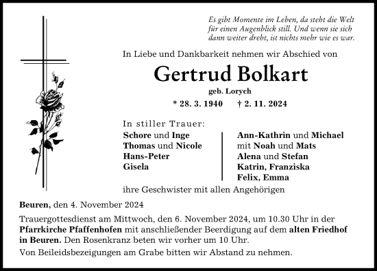 Traueranzeige von Gertrud Bolkart von Neu-Ulmer Zeitung