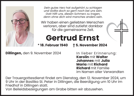 Traueranzeige von Gertrud Ernst von Donau Zeitung
