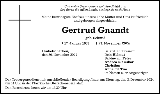Traueranzeige von Gertrud Gnandt von Augsburg-Land