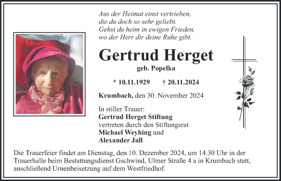 Traueranzeige von Gertrud Herget von Mittelschwäbische Nachrichten